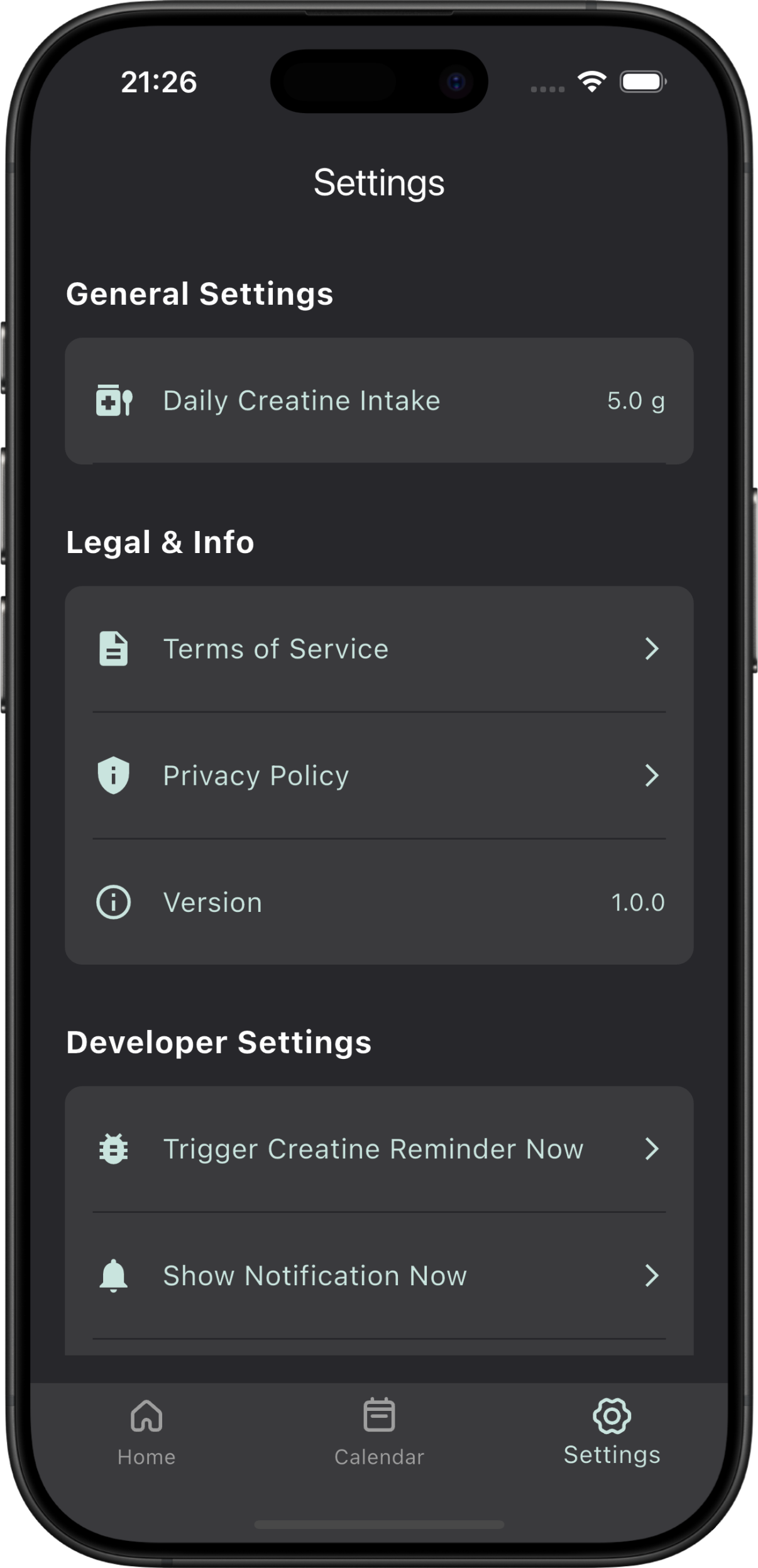 Mobile App Screenshot of Kreas Creatine Tracker Interface