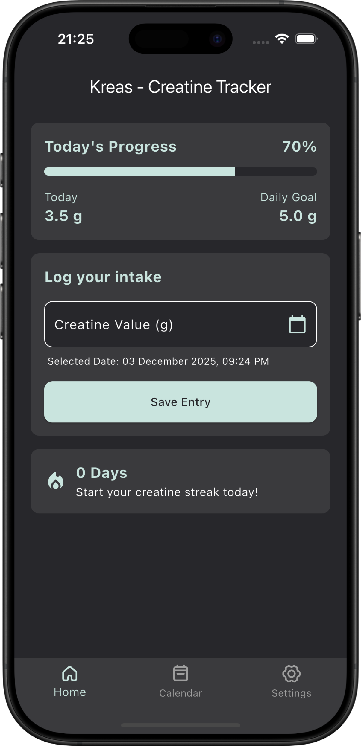 Mobile App Screenshot of Kreas Creatine Tracker Interface showing progress chart